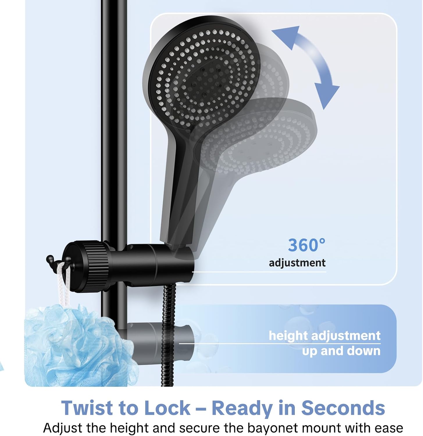 OFFO Shower Head Holder, Adjustable Handheld Shower Head Holder with 2 Hooks for 0.79-0.9 in Shower Hose, 360 Degree Rotation Shower Handle Holder for 0.63-1.1 in O.D. Shower Slide Bar, Matte Black