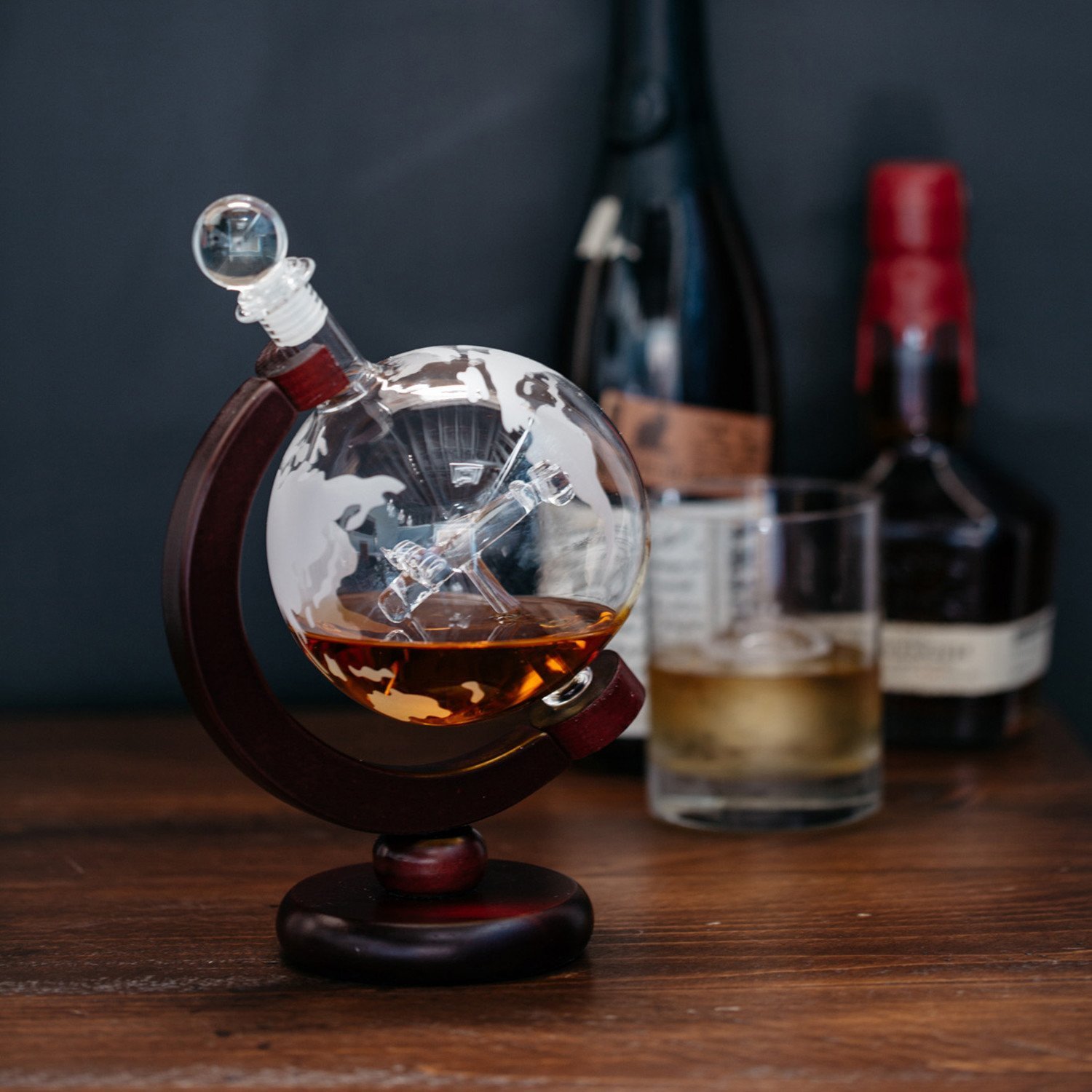 Spirits 25 Oz Handmade Vodka or Liquor Etched Globe Decanter Set with Wooden Stand and Bar Funnel transparent unknown