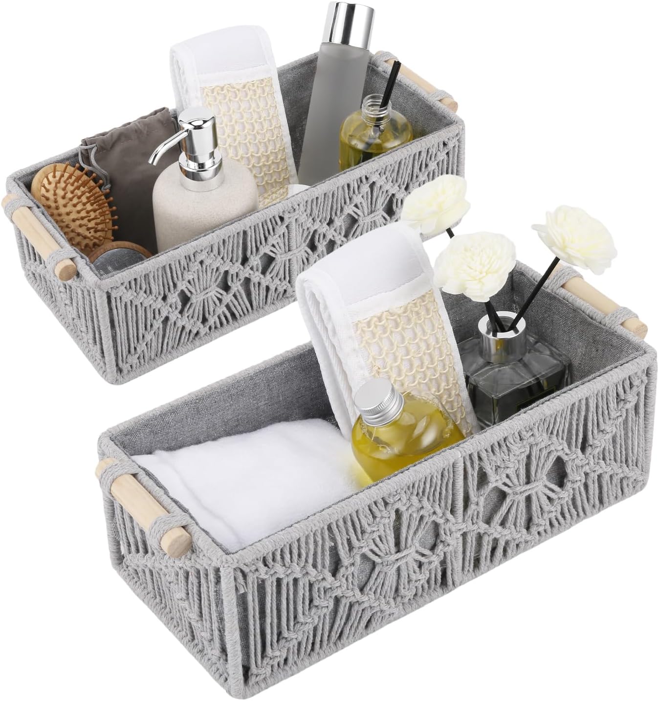 JOLINE Macrame Storage Baskets Boho Decor Box Handmade Woven Decorative Countertop Toilet Tank Shelf Cabinet Organizer for Bedroom Livingroom Home Set of 2 (Grey)