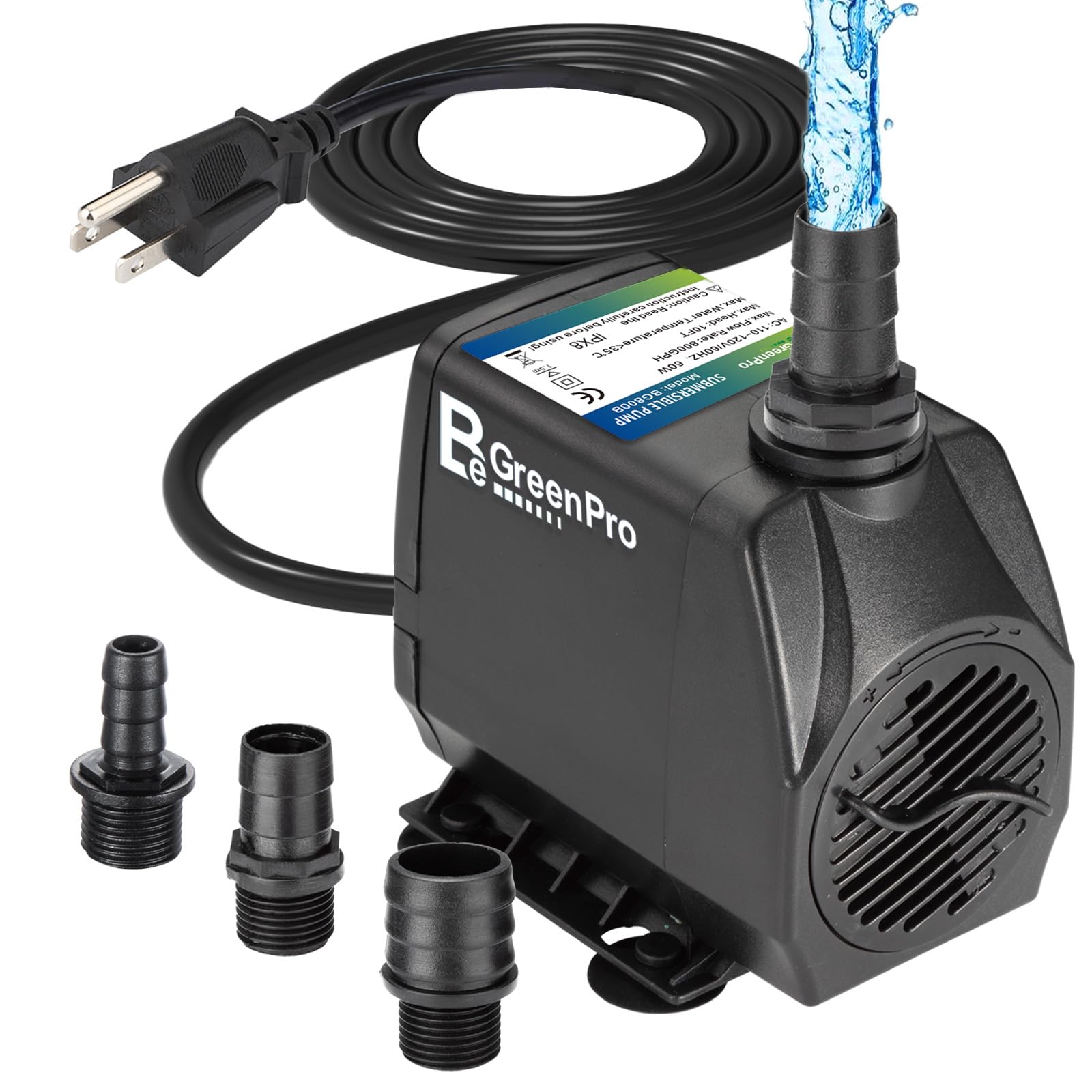 Submersible Water Pump, 800GPH 60W Ultra Quiet Fountain Pump (3000L/H), with 4 Nozzles 10ft High Lift for Aquarium, Fish Tank, Pond, Waterfall, Outdoor, Statuary, Hydroponics
