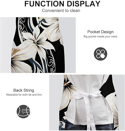 Miniatura 6 de Delantal de flores hawaianas en blanco y negro con bolsillos grandes, impermeable y resistente a las manchas para cocinar, asar a la parrilla y