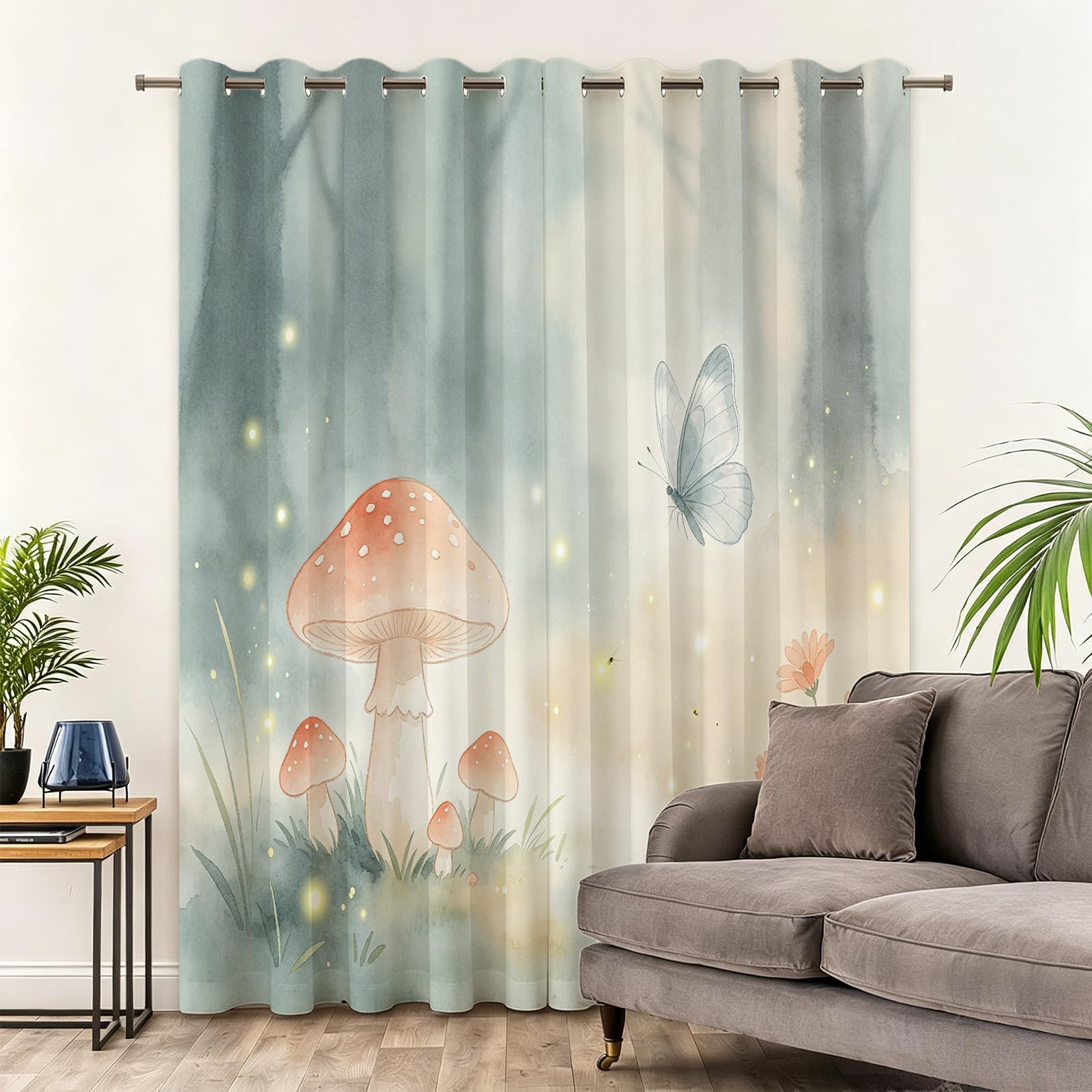 Tende Oscuranti Termiche Isolanti 140L x 260A cm (2 Pannelli) | Funghi Ad Acquerello Fiaba Curativa Protezione Dal Calore E Dal Freddo Con Occhielli Per Grandi Soggiorno e Doppi Portoni