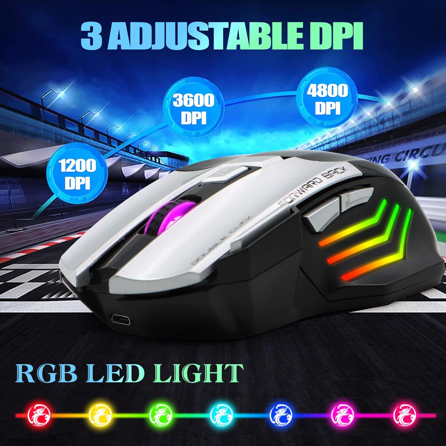 VEGCOO Wireless Gaming Mouse, Rechargeable Silent Wireless Mouse with 4800 DPI Adjustable,Double Click Key, Colorful RGB Lights, Computer Mice with Thumb Rest for PC/Mac Gamer (C26 White)