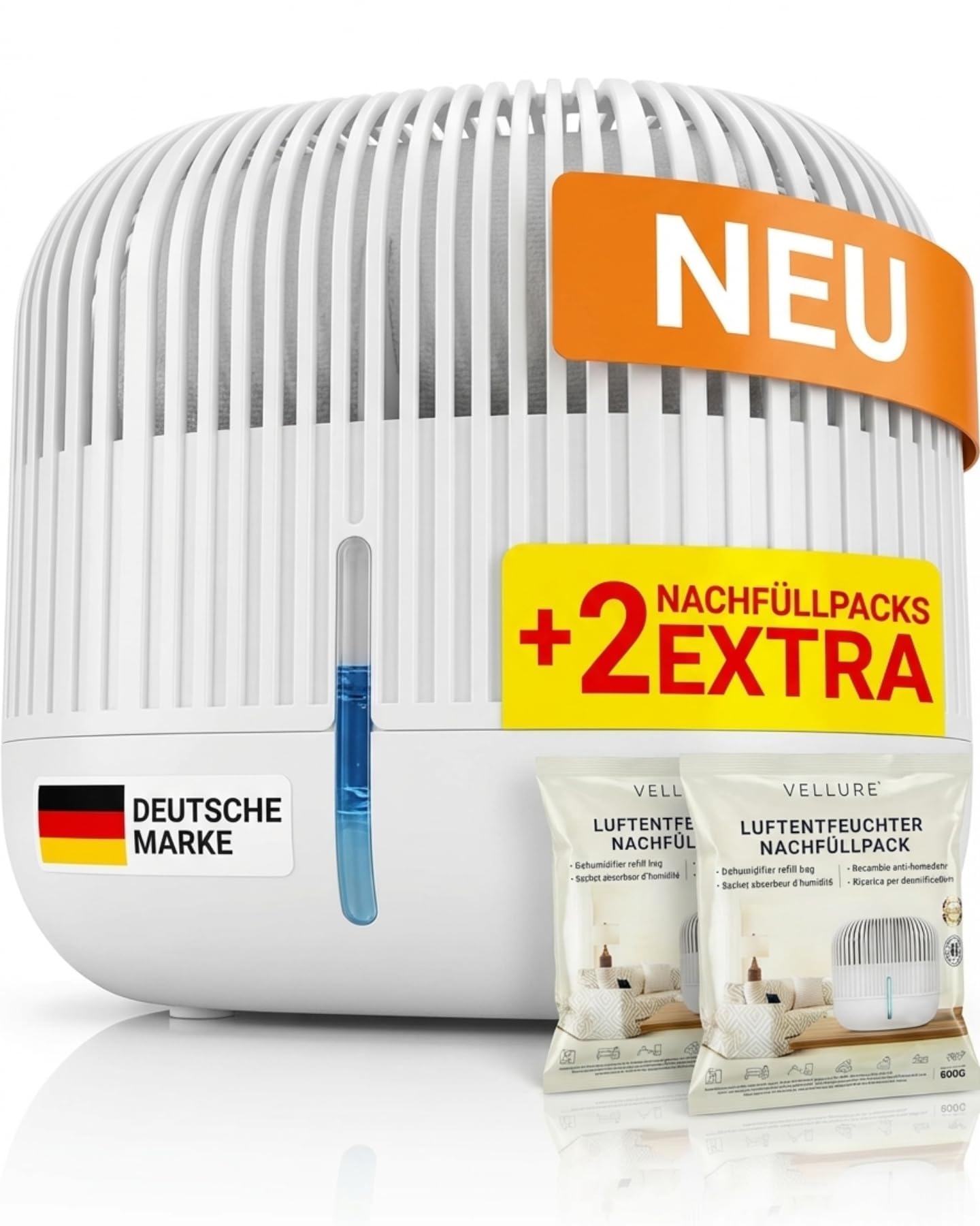 Vellure® Design Luftentfeuchter ohne Strom + 2x 600g Nachfüllpacks - Raumentfeuchter für Bad, Keller uvm. bis 25m² + 2x Luftentfeuchter Granulat Fachhandel Qualität