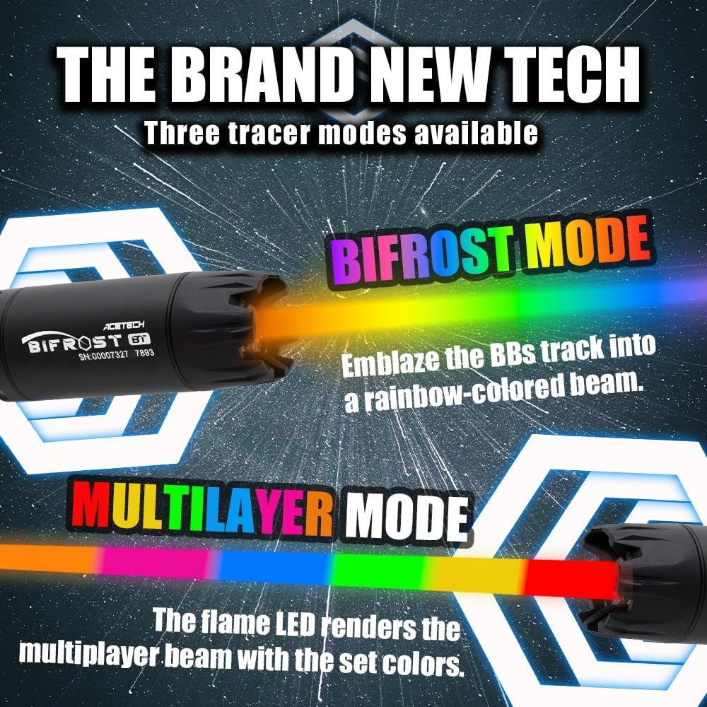 Image showing Bifrost Mode with a rainbow-colored beam and Multilayer Mode with a multi-colored beam, illustrating different tracer effects.