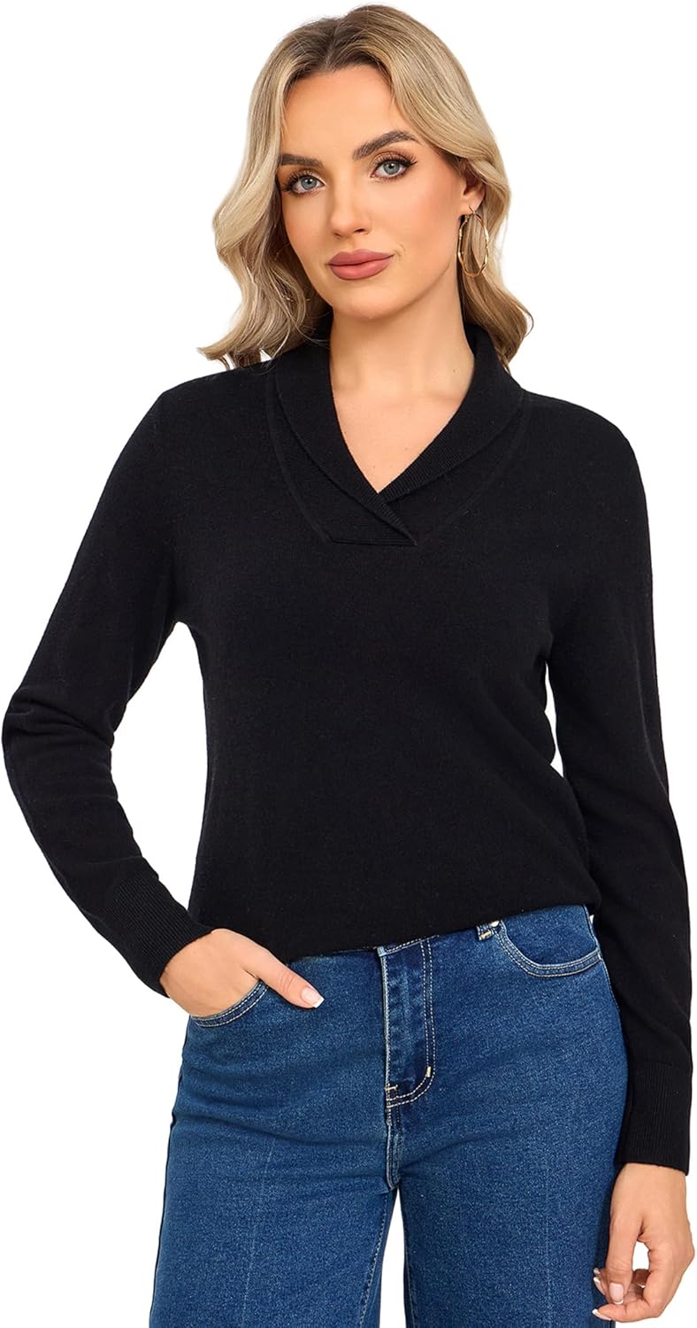 V Neck Sweaters for Women – 100% Merino Wool Shawl Collar Pullover Warm Winter Sweater Long Sleeve Jumper Knit - Image 2