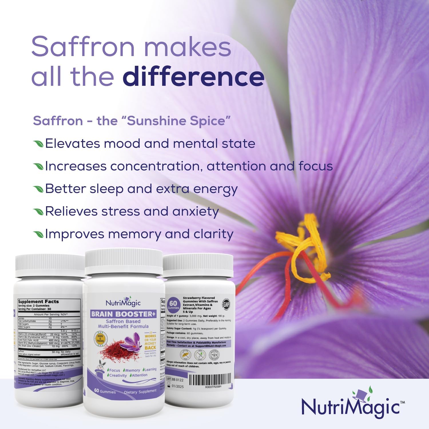 Brain Booster+ 30mg Pure Saffron Extract Gummies & Multivitamin D3, B6, B12, Zinc, Supports Kids Brain Health, Focus, Memory, Attention, Mood Balance, Non-GMO Kids Supplement, 30x Servings - Image 4