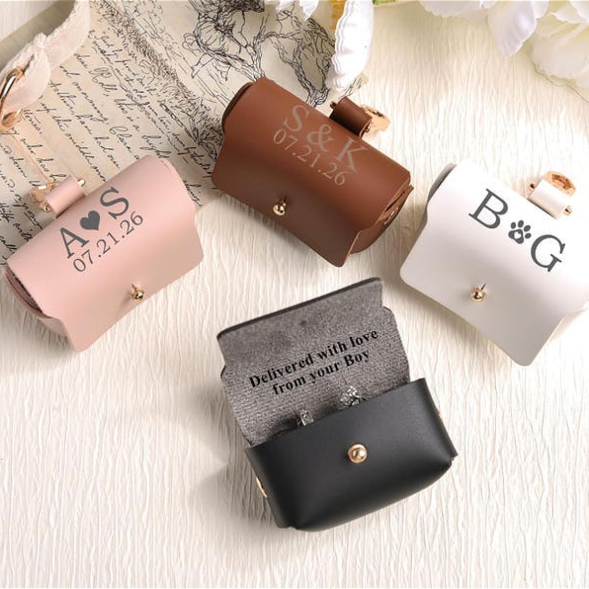 Personalized Engagement Proposal Wedding Ring Bearer Pouch for Dog Collar, Custom Leather Wedding Ring Box Holder for Pet (White) image 2