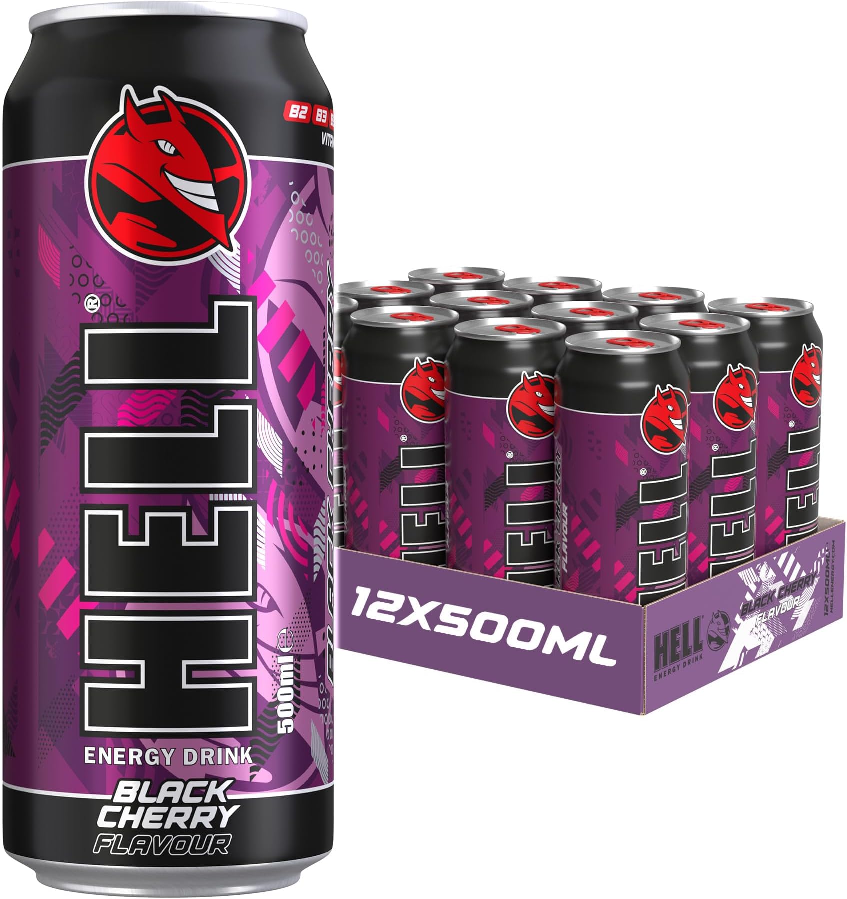 HELL Energy Drink Black Cherry Flavour | 12 x 500ml Cans Multipack | 32mg/100ml Caffeine | Contains Vitamins B2 B3 B5 B6 B12 | Preservative Free | Vegan | Reduce Fatigue