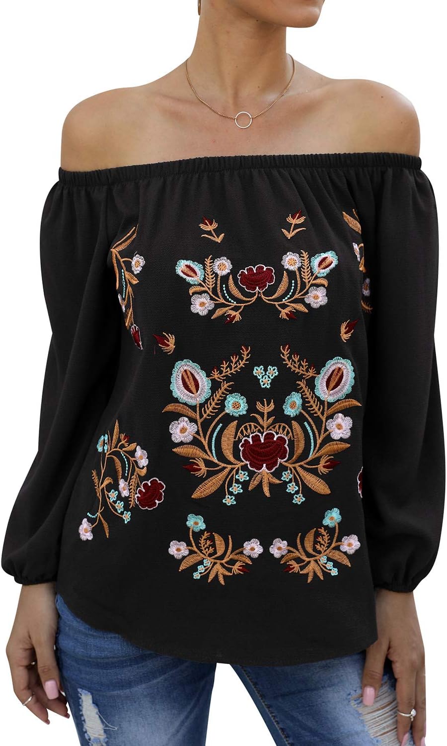 ZXZY Women Embroidered Off Shoulder Long Sleeve Bohemian Floral Blouse Top Tshirt - Image 6