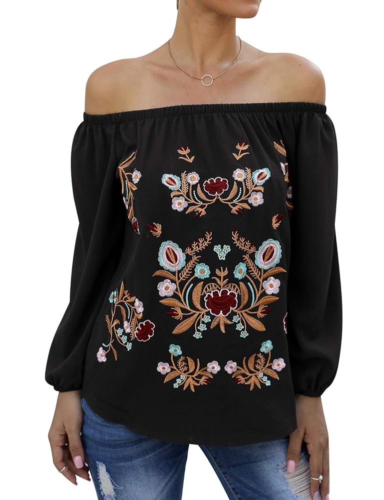 トップス yilon BIJOUOFFSHOULDERBLOUSE ZXZY Women Embroidered Off Shoulder Long Sleeve Bohemian