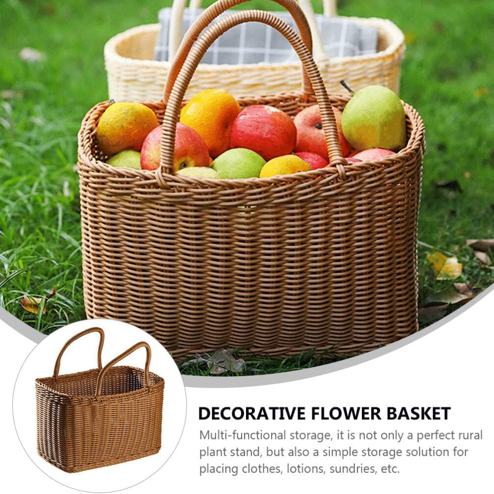 VICASKY Woven Flower Picking Basket with Handle Rectangular Rattan Wicker Handbag Retro Women Straw Tote Candy Basket Wedding Decorative Flower