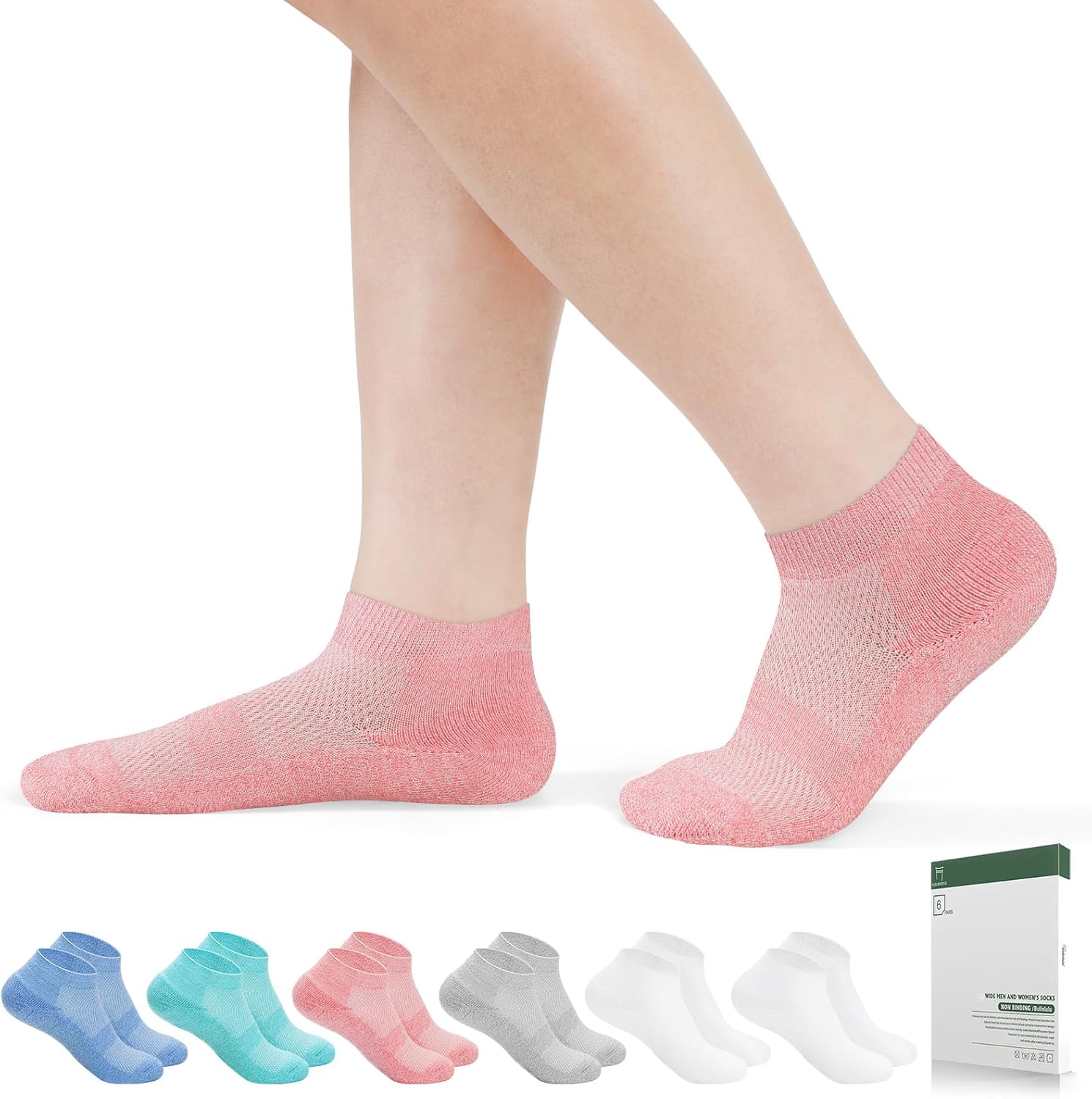 bulinlulu diabetic socks for women&men-6 pairs bamboo viscose non binding diabetic ankle low cut sock size 6-9 9-11 large pale orange/white/azure green/skyblue/white/grey