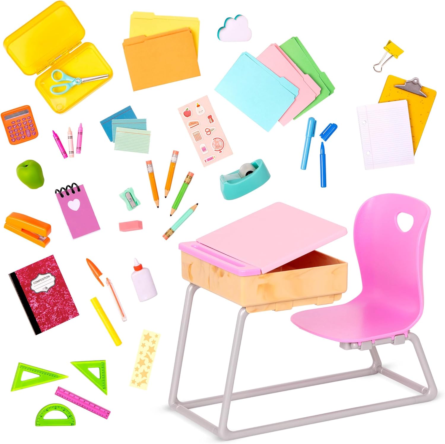 Our Generation - School Desk Set - Realistic Classroom Supplies - 18" Doll Accessories - Pretend Play for 3+ Years - Flying Colors