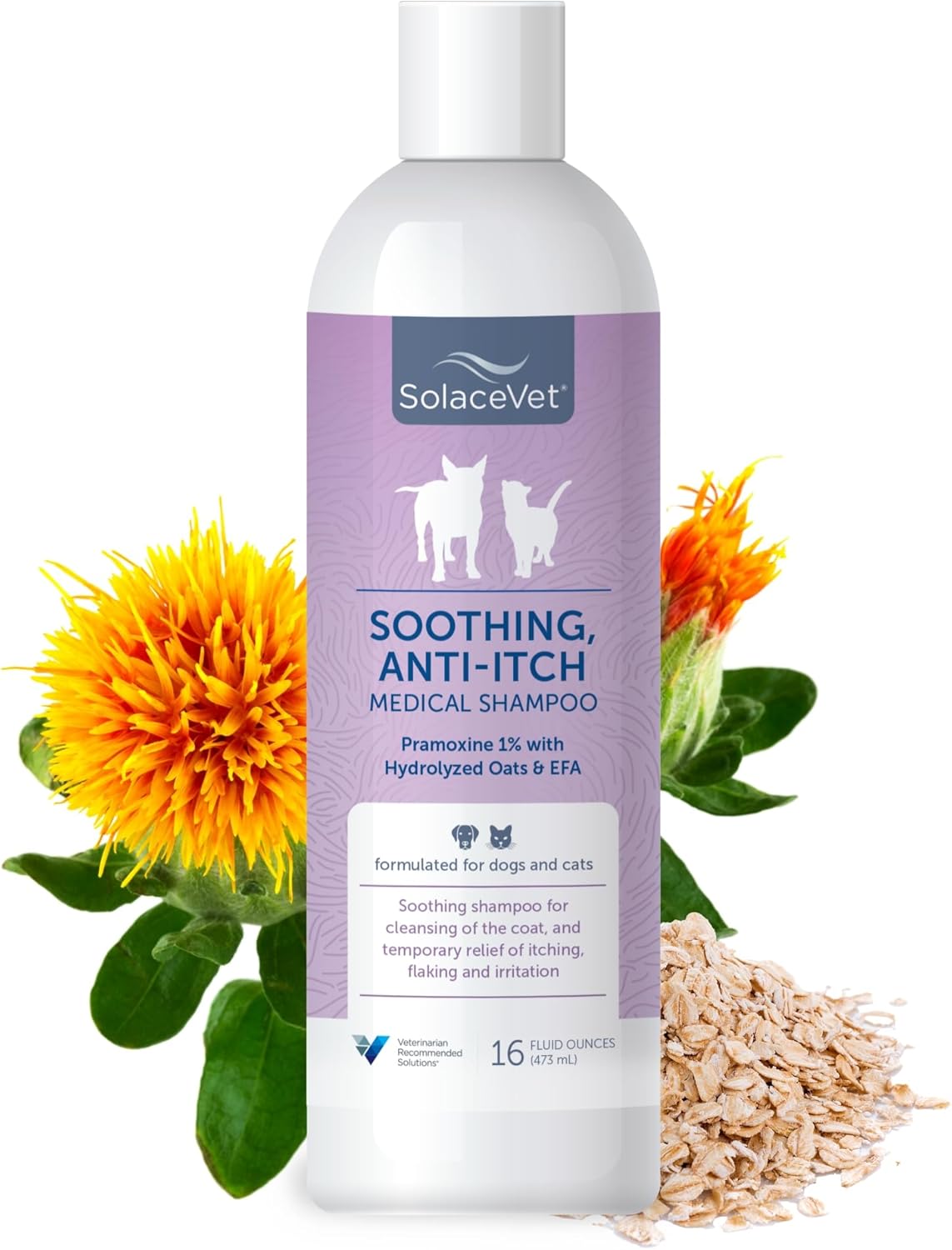 SolaceVet Soothing Anti-Itch Medical Shampoo 16 oz – Veterinarian Recommended Soap-Free Formula for Dogs & Cats with Pramoxine & Hydrolyzed Oats