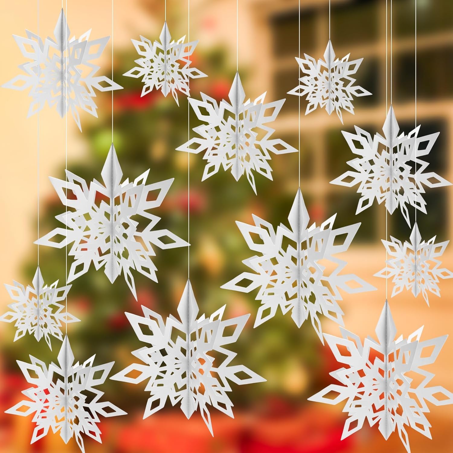 Christmas Hanging Snowflake Decoration 12 Pcs 3D Flash Paper Snowflake Decoration Suitable for Christmas Winter Wonderland New Year Party Home Decoration(white)