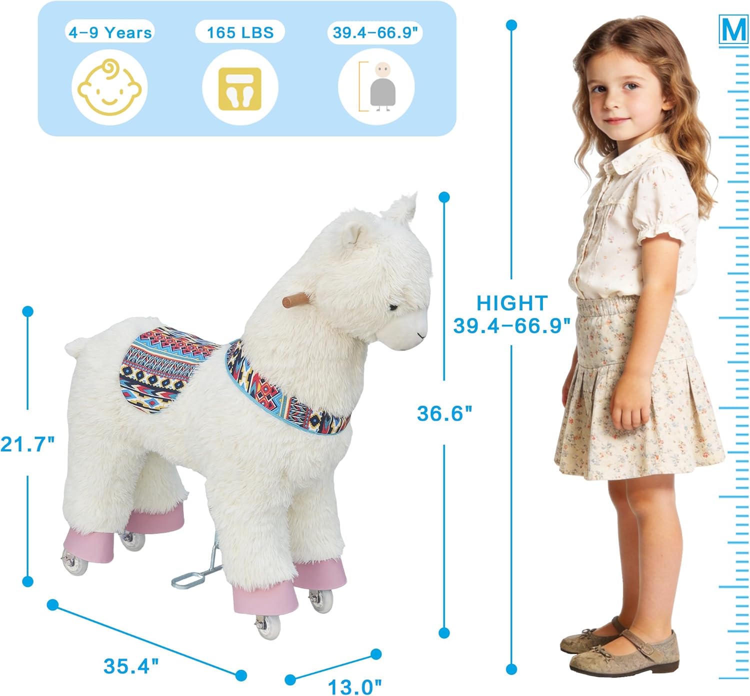 Ride on Alpaca Toys for Kids, Ride on Toy for 4 to 9 Years Old, 36.6'' Height Riding Horse Rider Mechanical Walking Action Plush Animal, No Battery or Electricity, Max Load 165LBS - White