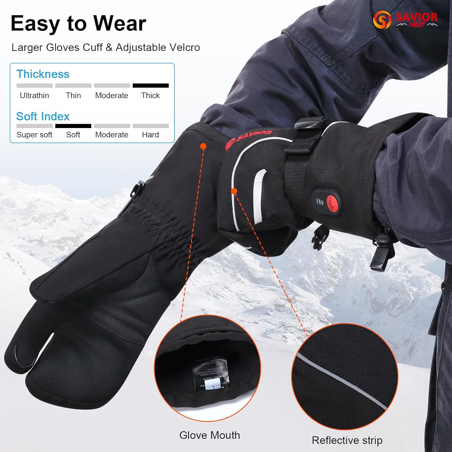 Heated Mittens Battery Gloves Men Women, SAVIOR HEAT Flexible Crab Finger Rechargeable Ski Mitten with 7.4V 2200mAh Battery for Winter Snow Skating Camping Hunting Hiking Motorcycle