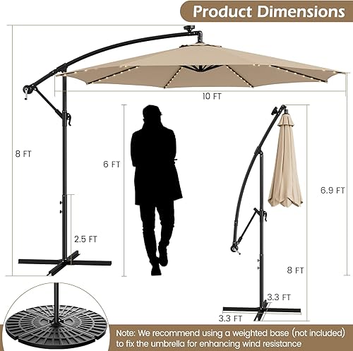 Miniatura 4 de TANGKULA Paraguas solar de 10 pies, paraguas colgante voladizo inclinado con 112 luces LED, parasol iluminado para patio con manivela, paraguas de