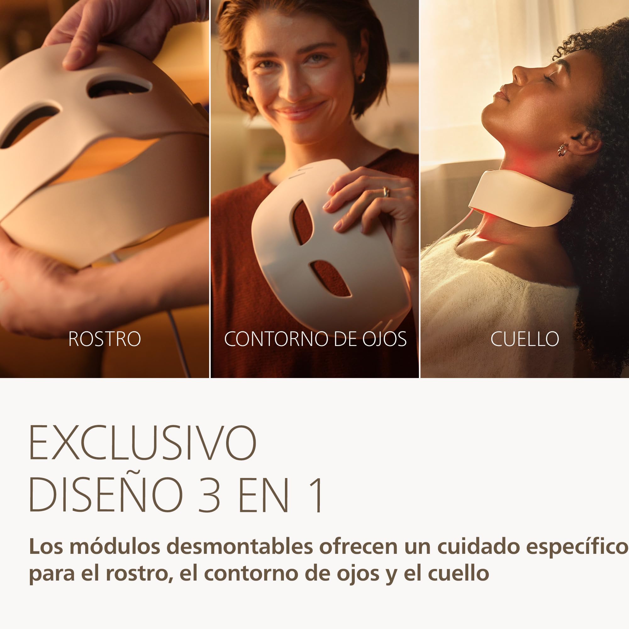 Philips LED ReAura Máscara facial – rostro, contorno de ojos y cuello, 3 modos, luz roja, azul e infrarroja cercana, eficacia clínicamente demostrada¹, ajuste flexible, rutina de 10 min, LTM7100/00