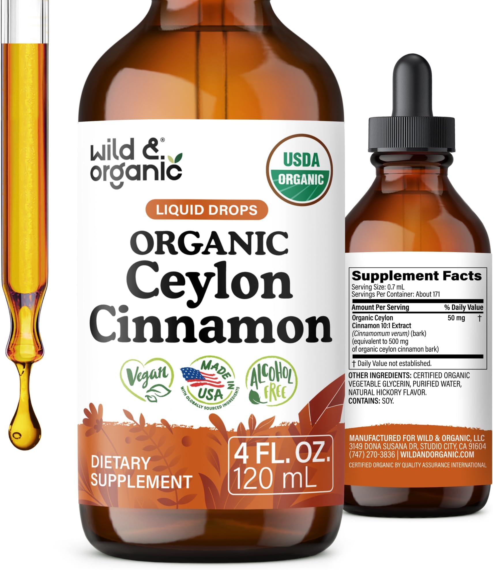 USDA Organic Ceylon Cinnamon Supplements - Antioxidant Drops - 4 oz