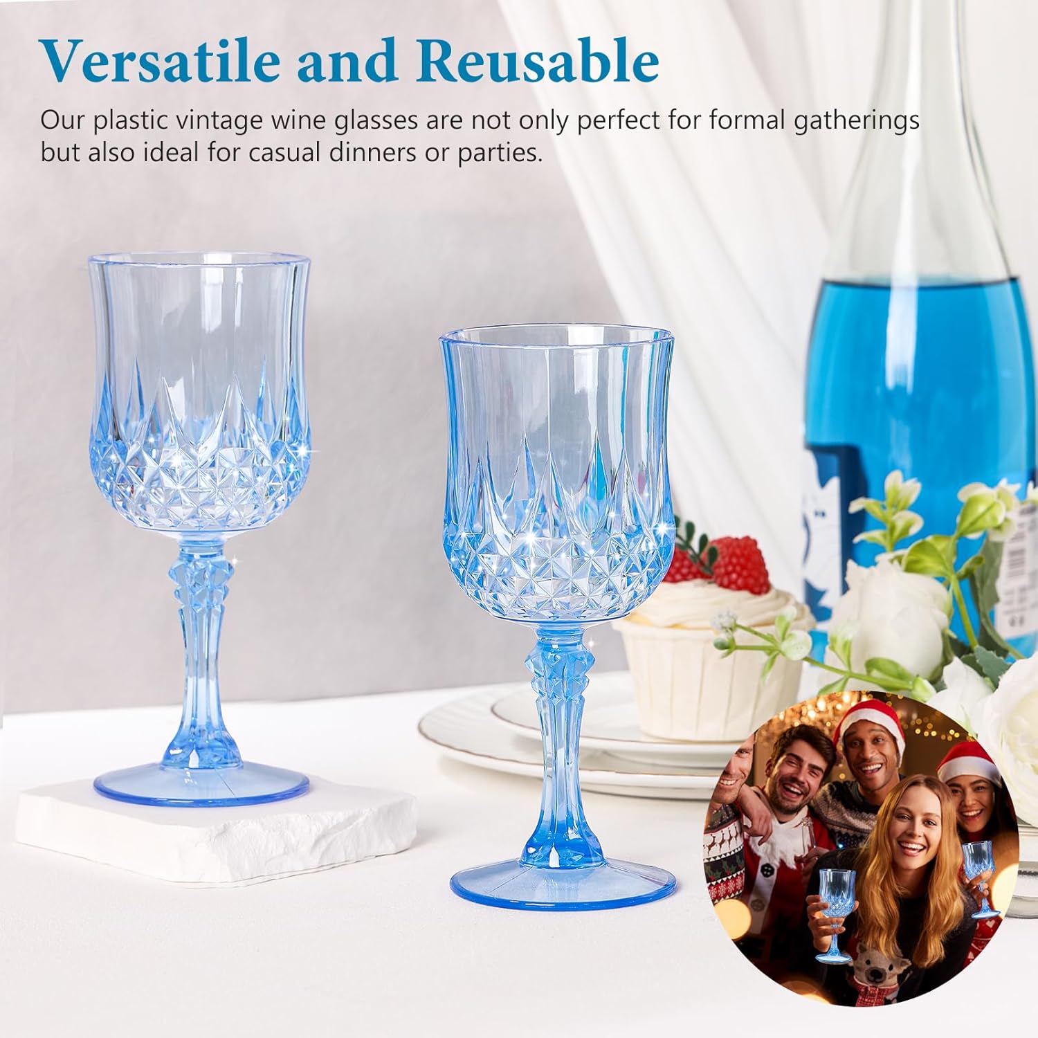 ZOMUIA 12 Pcs Blue Plastic Wine Glasses, Vintage Plastic Goblets Cordial Glasses, Unbreakable Stemmed Wine Cups Acrylic Vintage Wine Glasses for Wedding Party Christmas Holidays Anniversary - Image 8