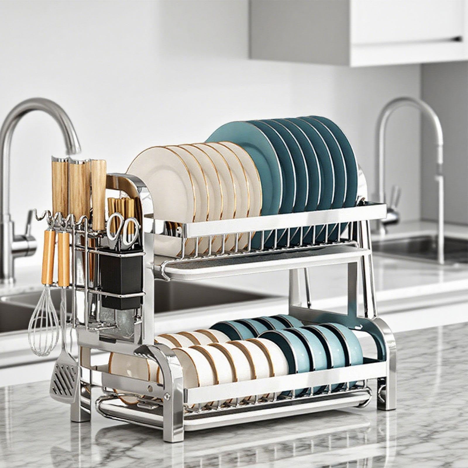 Escurridor de Platos, Soporte para Tazas con Escurridor, Encimera de Cocina, Acero Inoxidable, Bandeja Antigoteo Práctica, Organizador de Platos, 43 cm x 23,5 cm x 39 cm
