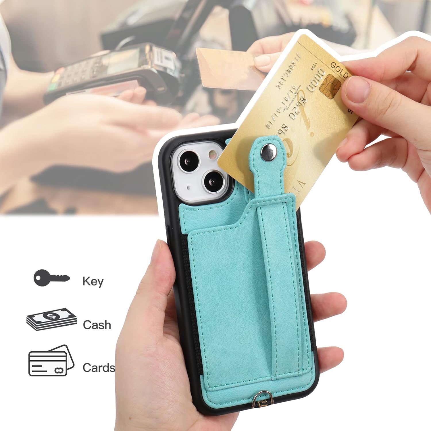 TOOVREN Compatible with iPhone 13 Wallet Case, Phone Lanyard Card Case with PU Leather Kickstand Wallet Phone Case for iPhone 13 Case with Card Holder 6.1 inch Green - Image 4