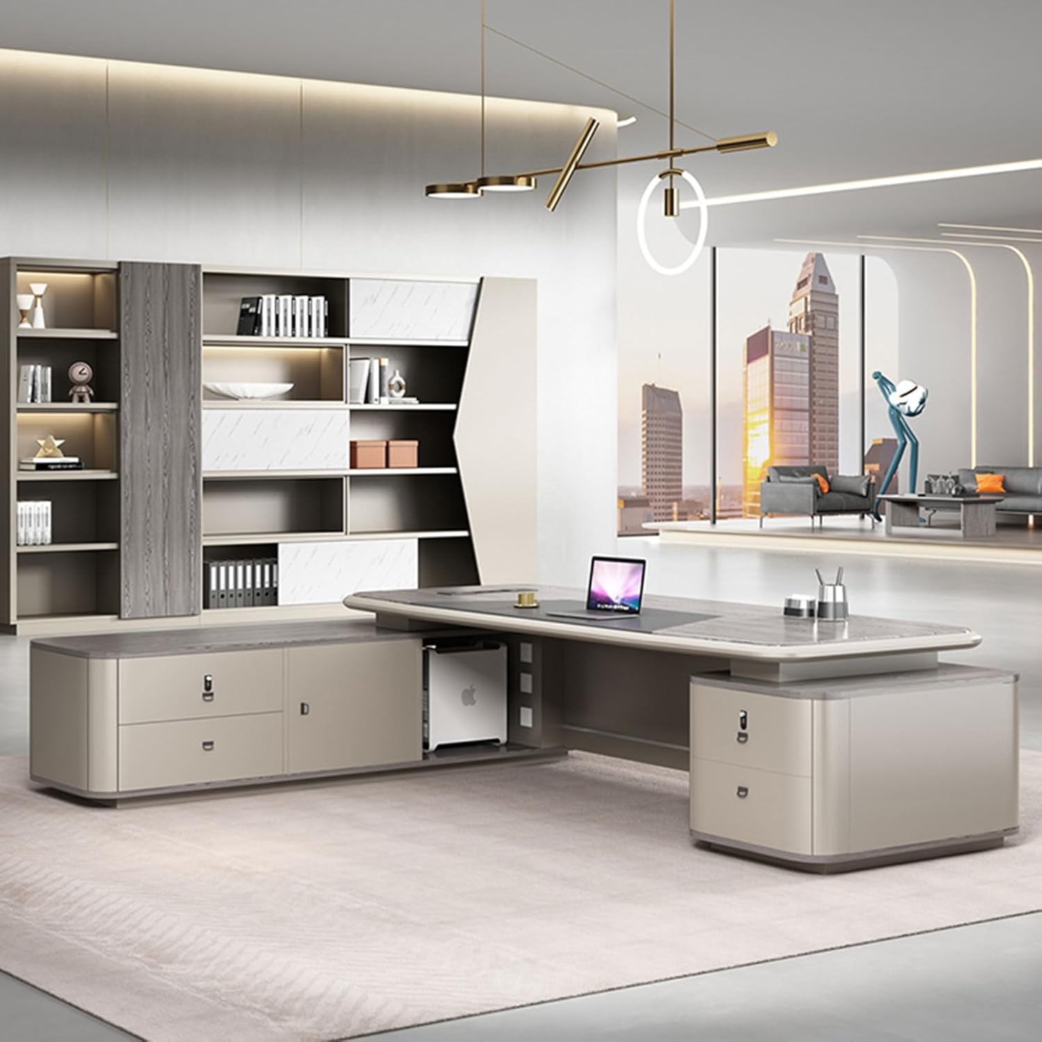 79" L Shaped Executive Desk with Storage Wood Computer Desk with Lateral Cabinet Study Writing Table Business Furniture Set for CEO Boss