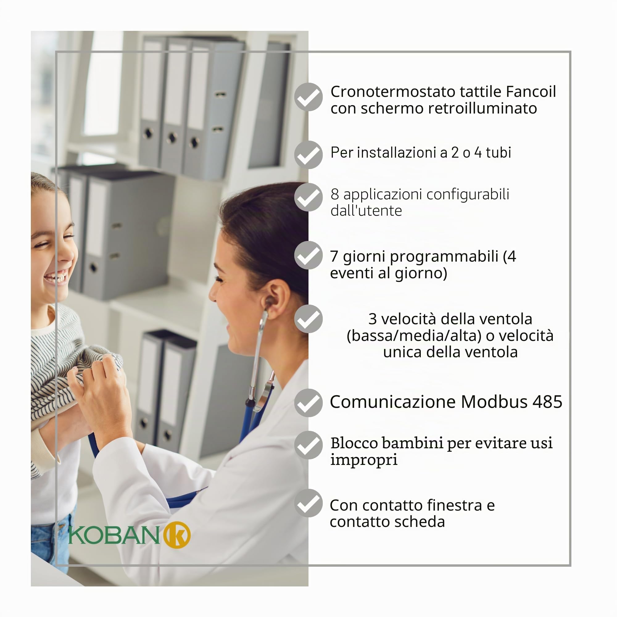 KOBAN KTFD-29 Termostato Digitale Multifunzione per Riscaldamento e Aria Condizionata Controllore della Temperatura a Parete con Selettore di Calore e Freddo Programmabile 7 Giorni Alla Settimana