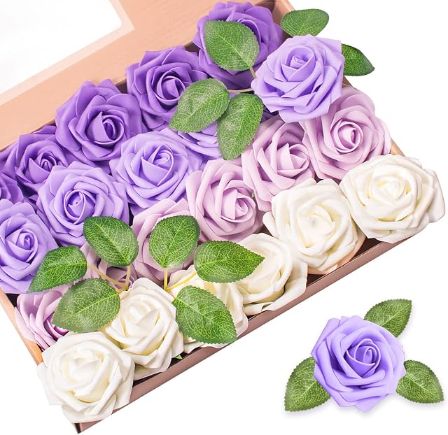 OWill 24 Artificial Flowers Foam Fake Rose Flower Head Gift Box For Wedding Bouquets, Party Decorations, Gifts, Real Touch (Purple combination)