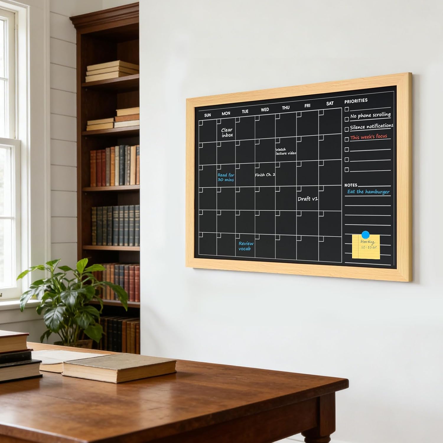 4 THOUGHT Monthly Calendar Chalkboard for Wall, 24" x 18" Magnetic Chalk Board with Natural Wood Grain Finish Frame Blackboard Planner & Menu Board for Home Office Kitchen, 4 Markers & 8 Magnets