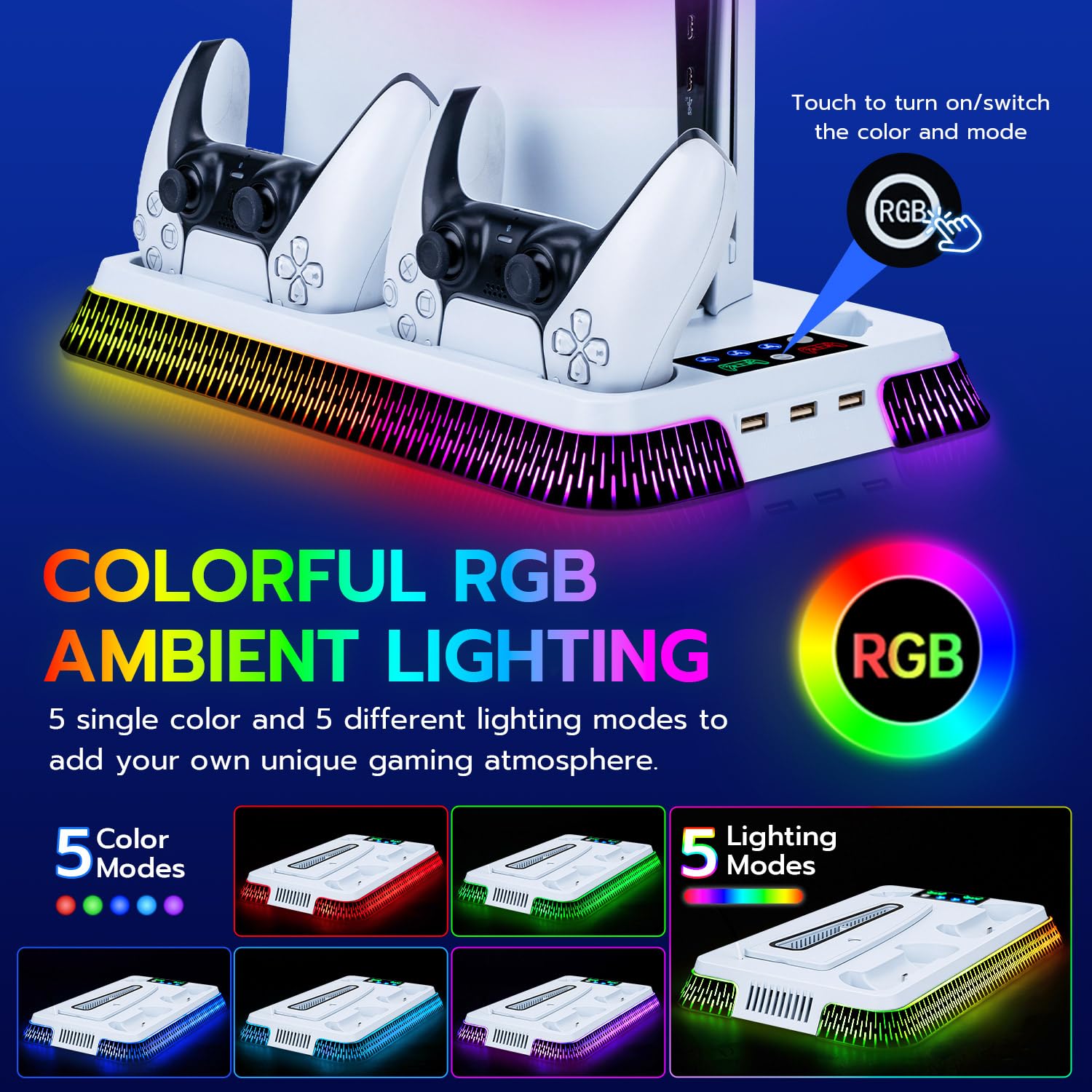 Uchwyt do PS5/ Slim/PS5 Pro, stacja chłodząca RGB z podwójnym kontrolerem, 3-biegowy wentylator chłodzący ze słuchawkami i 3 portami USB - biały