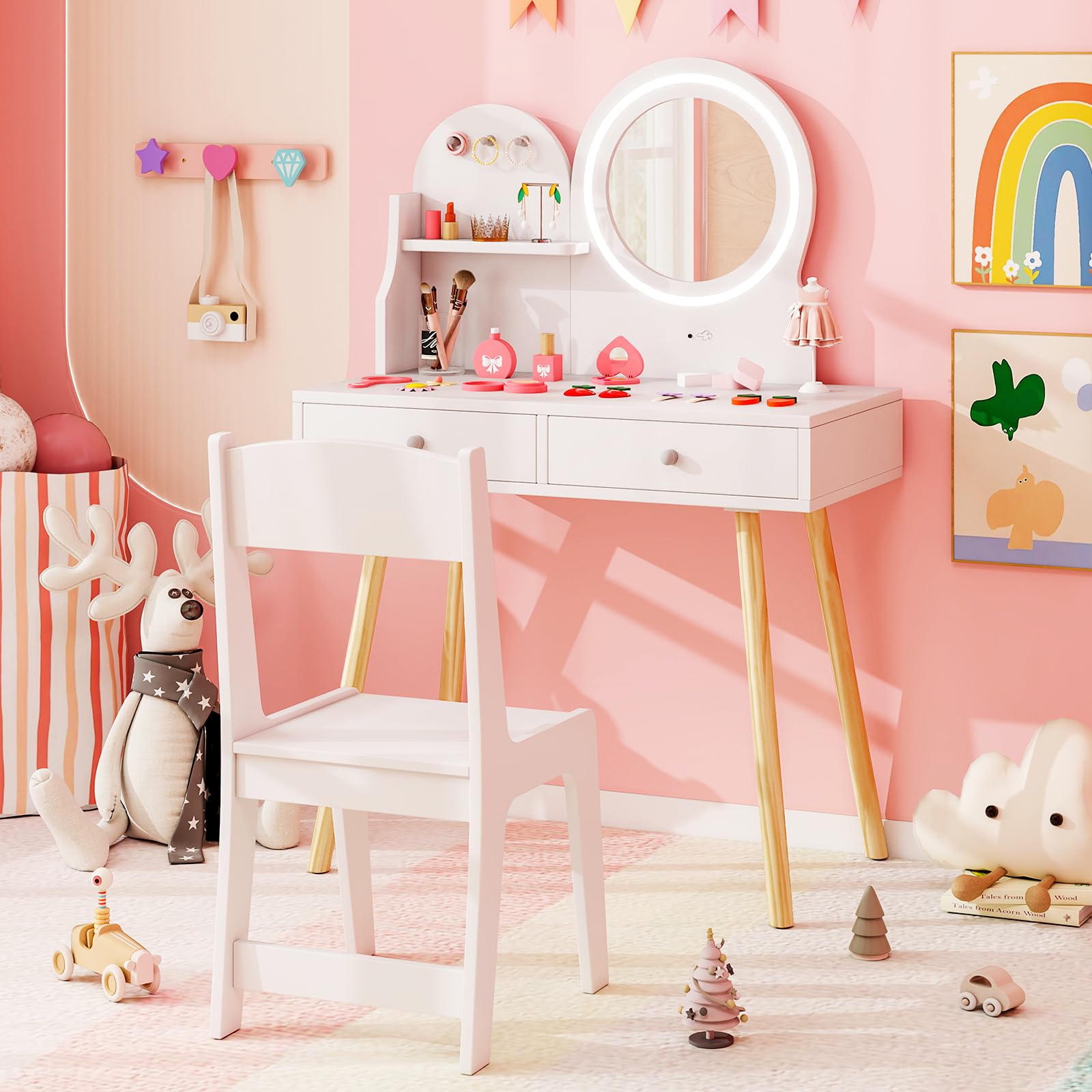 DREAMADE Schminktisch Kinder, Schminktisch aus Holz mit 2-Farbiger LED-Lichtern, Kinderschminktisch mit offener Ablage & 2 Schubladen & 3 Haken, Prinzessin Frisiertisch für Kinder ab 3 Jahren (Weiß)