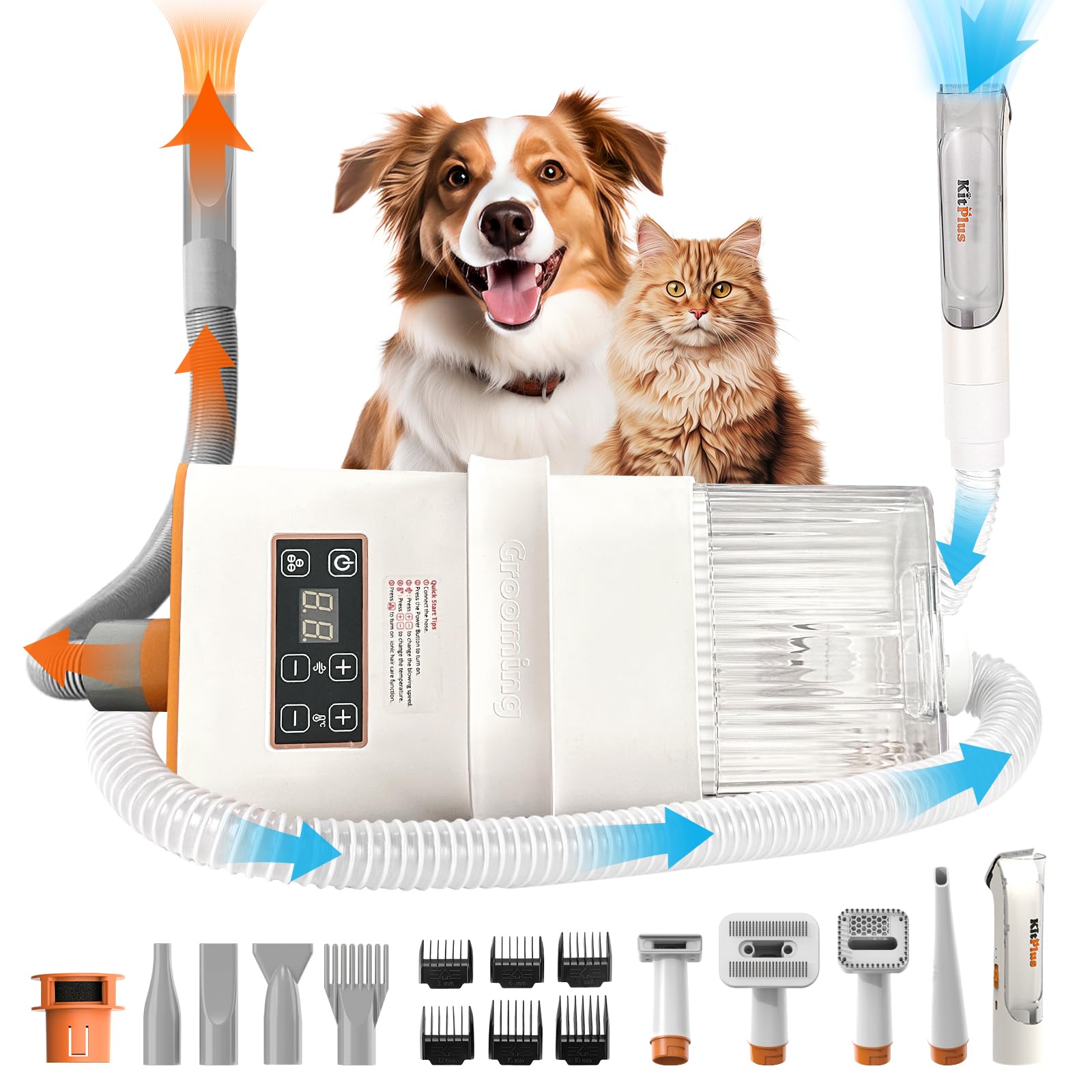 KITPLUS 3-in-1 Drying & Vacuum & Dog Grooming, Rechargeable Hair Trimmer, 28000Pa Suction 99.9% Pet Hair, 2L Large Capacity Vacuum, 9 Tools, LED Touch Screen, 5 Modes Blow Temperature & Suction Power