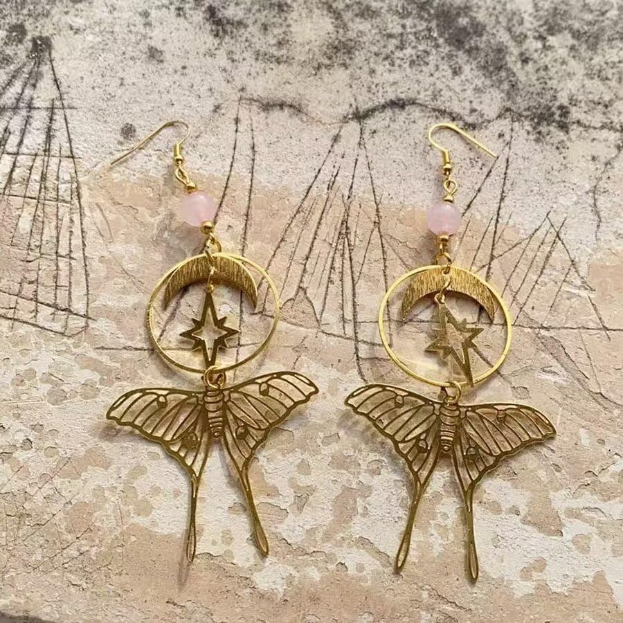 Gothic Vintage Butterfly Earrings, Sun and Moon Earrings for Women, Luna Moth Earrings, Long Dangle Crystal Earrings, Vintage Goth Jewelry4