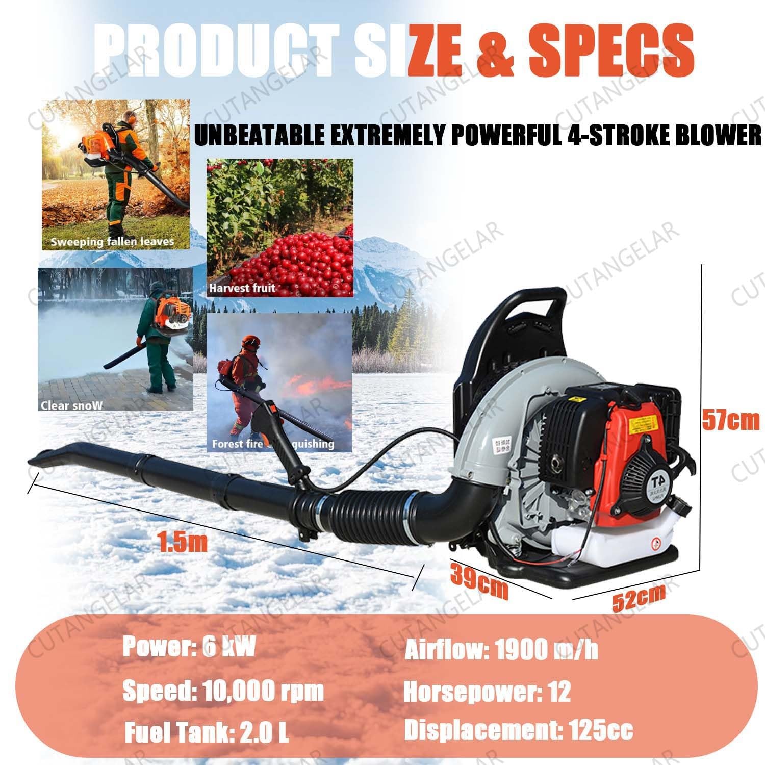 Soffiatore A Spalla 4 Tempi Robusto, Motore A Gas 125cc Design 9.5kg 12CV, Per Rimozione Rapida Foglie E Neve, Controllo Crociera Per Foglie Bagnate E Neve Leggera(Blue)