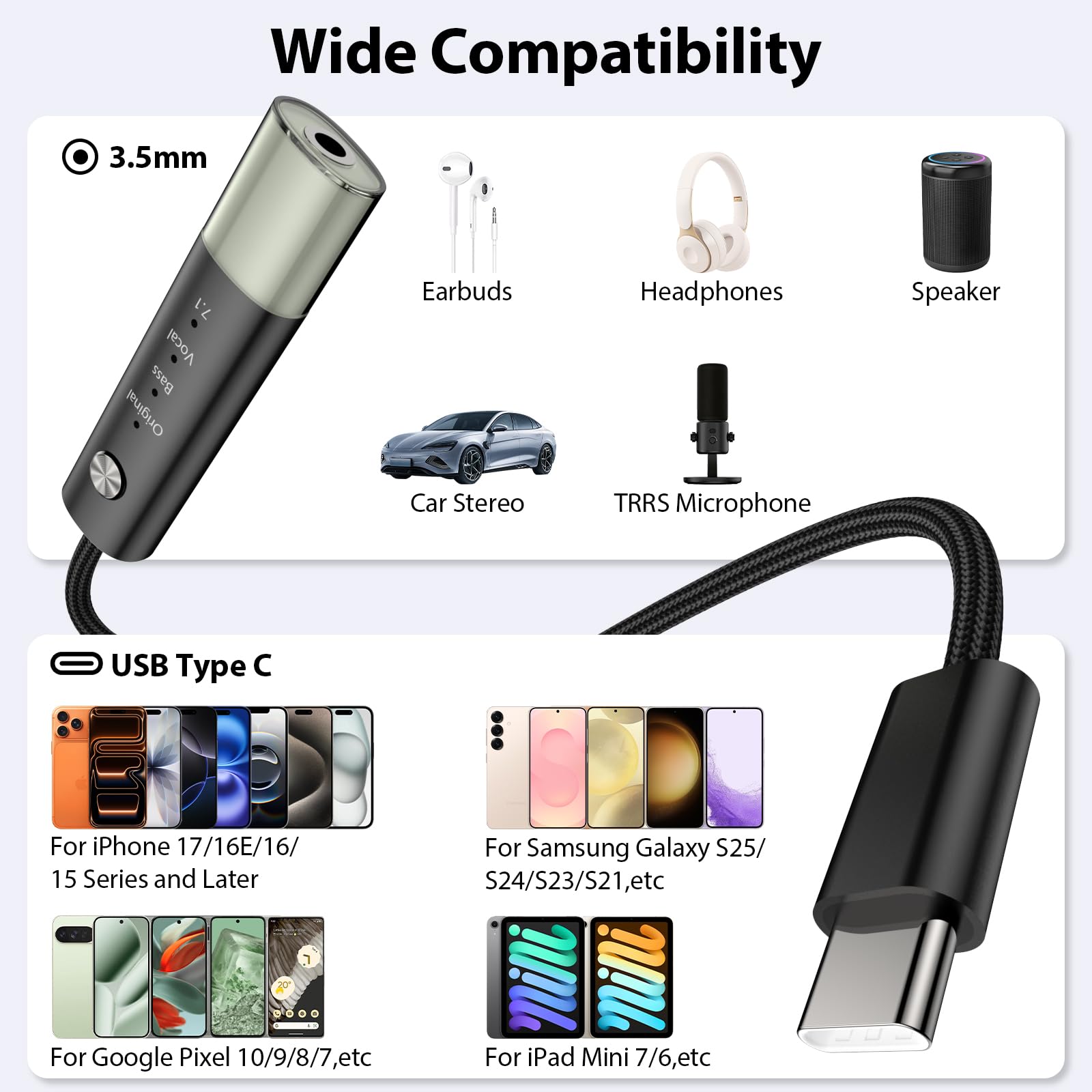 3,5-mm-Klinken-Audio-Adapter, USB-C-Kopfhörer-Adapter, Neonlicht, mehrere Modi, HiFi-Bass, klarer Gesang, Surround-Sound, für iPhone 16 Pro Max 15 Plus 16e, Galaxy S25 Ultra S24 S23 S22 S21, Pixel 10