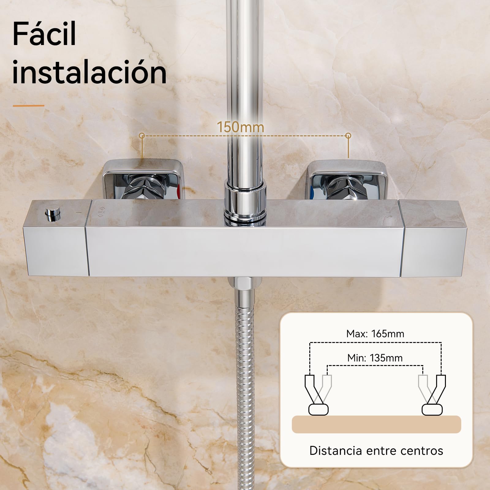Auralum Grifo Termostático Ducha y Bañera, Mezclador de Pared Cuerpo Frío Antiquemaduras con Botón 38°C, Grifería 2 Salidas G1/2'', Adaptador G3/4'', Ajustables 135-165mm, Repuesto Universal, Cromo