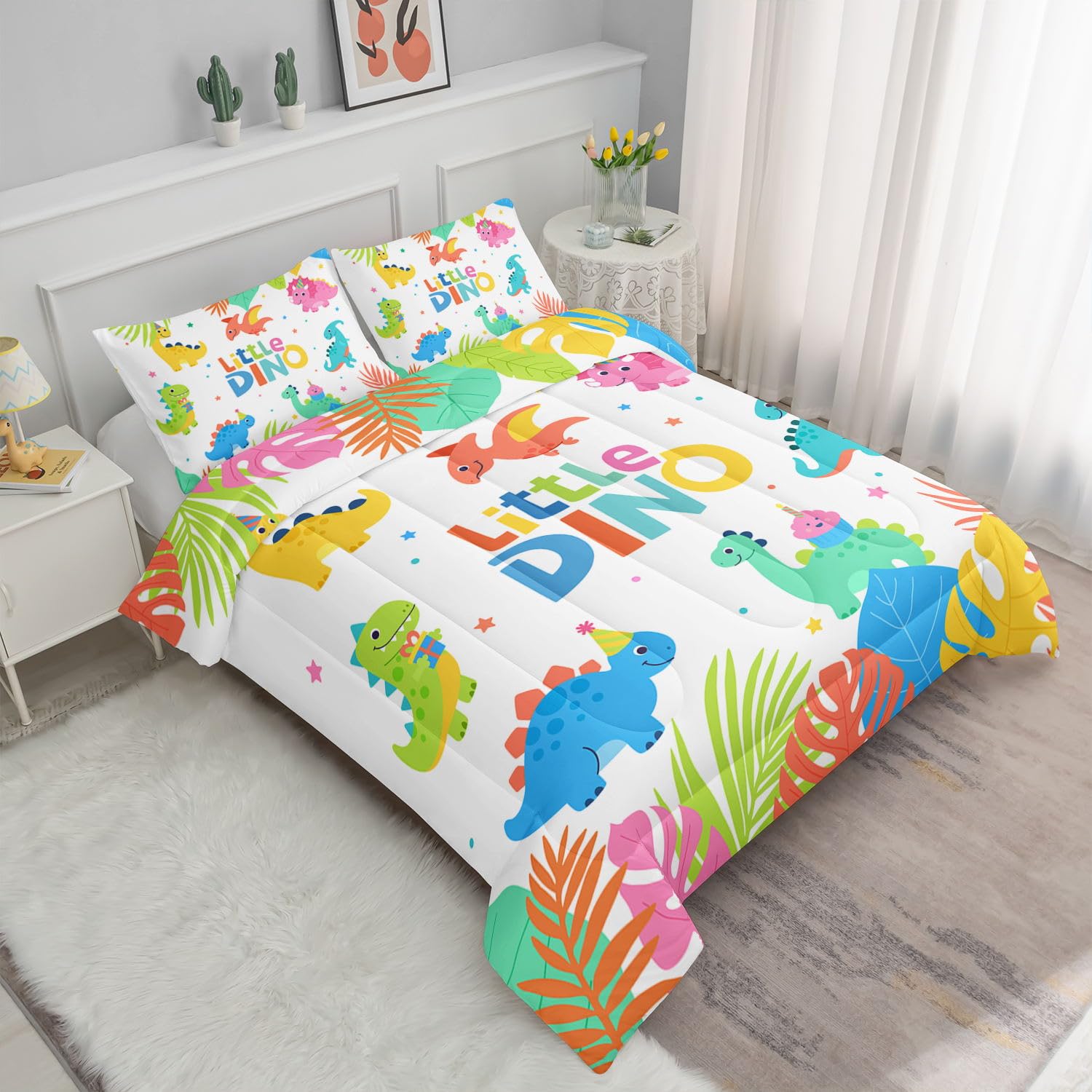 Datura home Kids Comforter Set Cute Dinosaurs Printed Pattern Bedding Set with 1 Comforter and 2 Pillowcases for Girls Boys Bedroom All Season(Dinosaurs Queen)