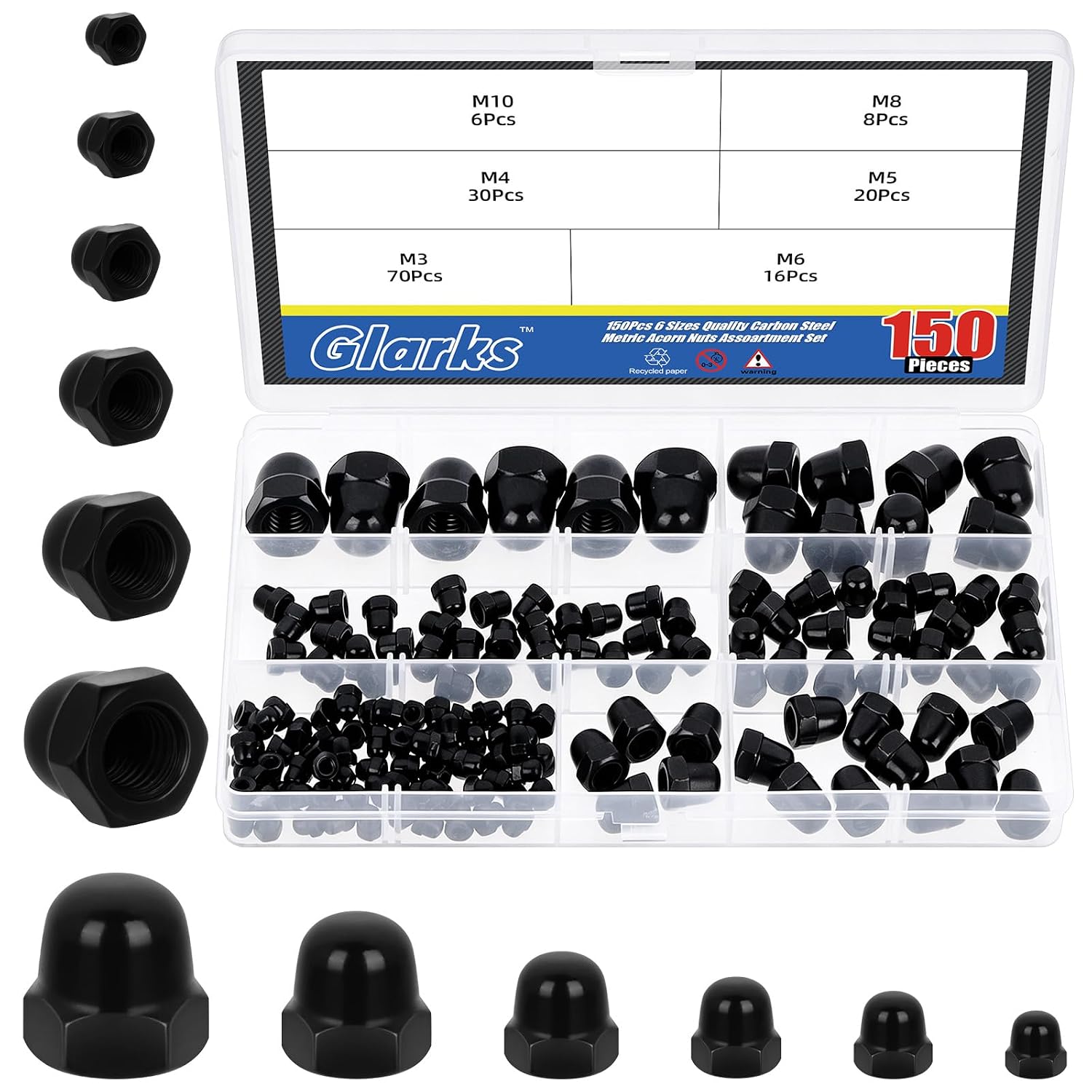 Glarks 150pcs M3/M4/M5/M6/M8/M10 Black Zinc Carbon Steel Acorn Cap Nuts Kit, Hex Dome Nuts, Acorn Hex Cap Dome Head Nut, Domed Crown Nut for Protecting Bolts, Furniture, Automotive