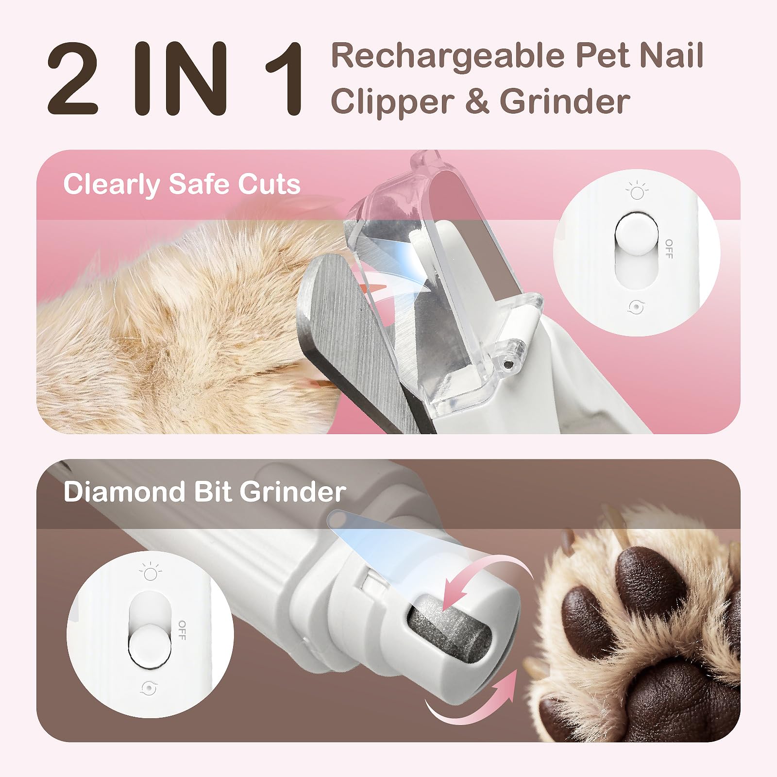 Safe 2-in-1 Dog & Cat Nail Clipper and Grinder LED Safety Light Illuminates the Quick to Prevent Over-Cutting or Bleeding, USB Rechargeable, Low Noise Motor Keeps Pets Calm Grooming for All Pet Sizes - image 2
