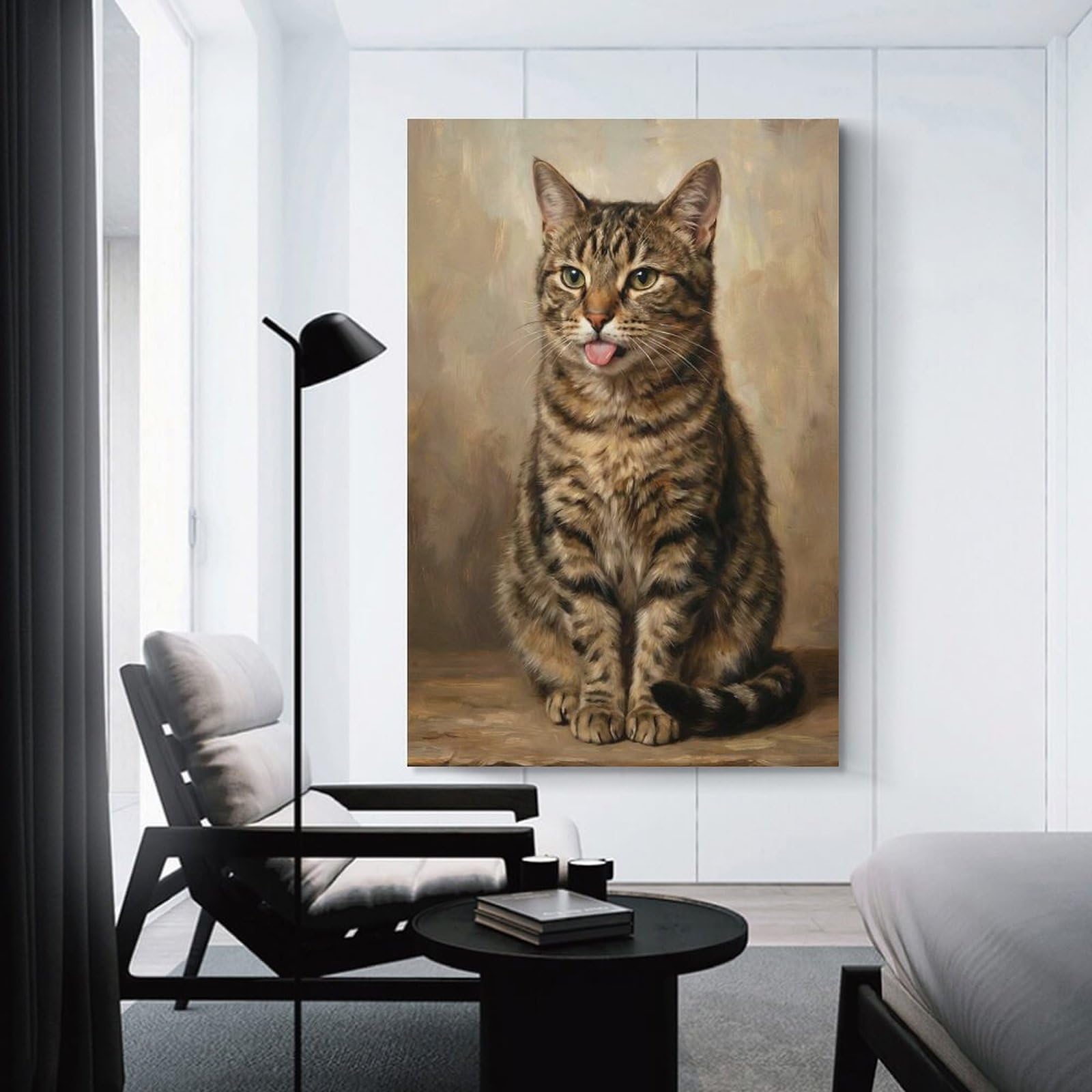 Junmoney Tabby Cat Portrait with Tongue Out Hanging Wall Art, 24x36inch(60x90cm), for New Homes, Bedrooms Or Workspaces, Thoughtful Wall Decor for Art Lovers