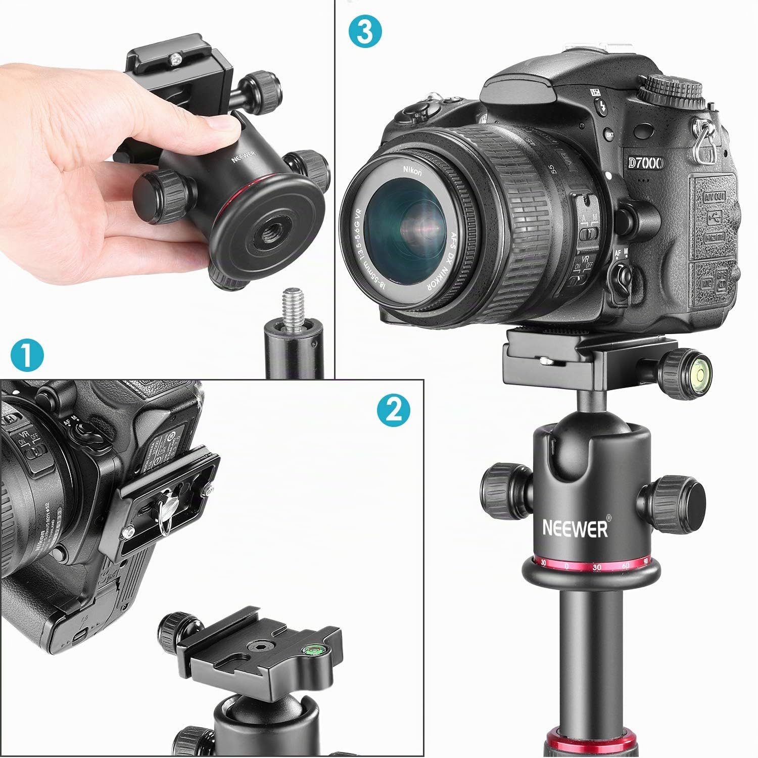 NEEWER Rotule pour trépied panoramique 360° métal avec plaque Arca, vis 1/4" 3/8", charge max 17,6 lb