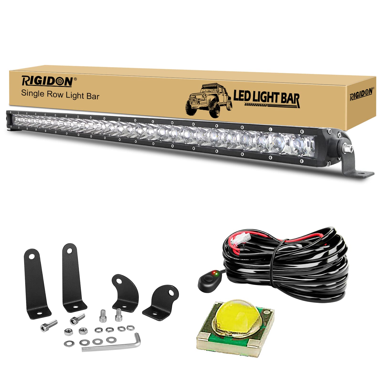 RIGIDON 32 Pulgadas 80cm 150W Foco Barra de luz led y 12V cableado Kit | faro de largo alcance, unica fila, barras luminosas, para off road camión coche ATV 4x4 todoterreno barco, lámpara de trabajo