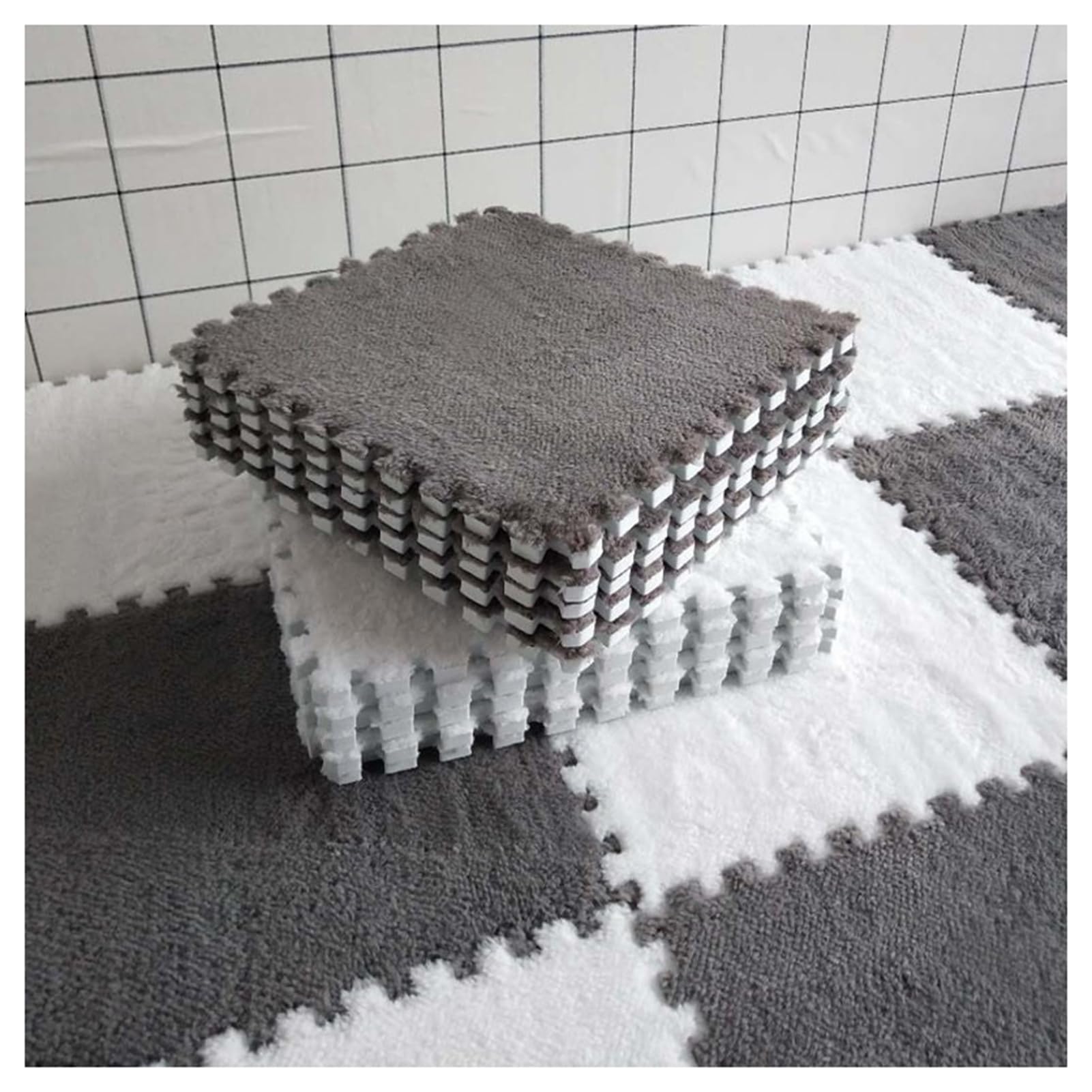 8/10 /12/16 Pièces Tapis De Sol en Mousse Puzzle en Peluche avec Bordure Dalles De Moquette Carrées Emboîtables Tapis De Jeu Moelleux pour Salon Chambre(Gray+White,8 pcs