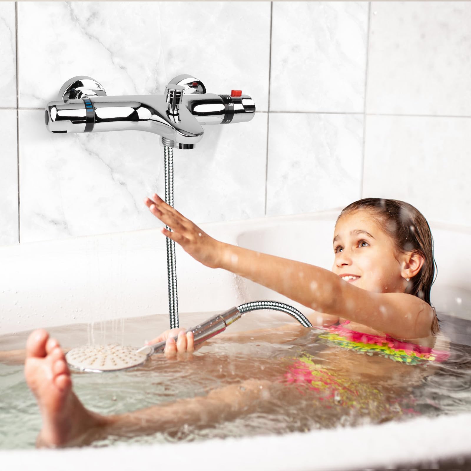 Miscelatore Doccia con Termostatico, 2 Uscite Ubinetto Vasca con Pulsante di Sicurezza 38°C, Miscelatore Vasca da Bagno Termostatico per Doccia per Temperature Calde e Fredde (20°-50°C)