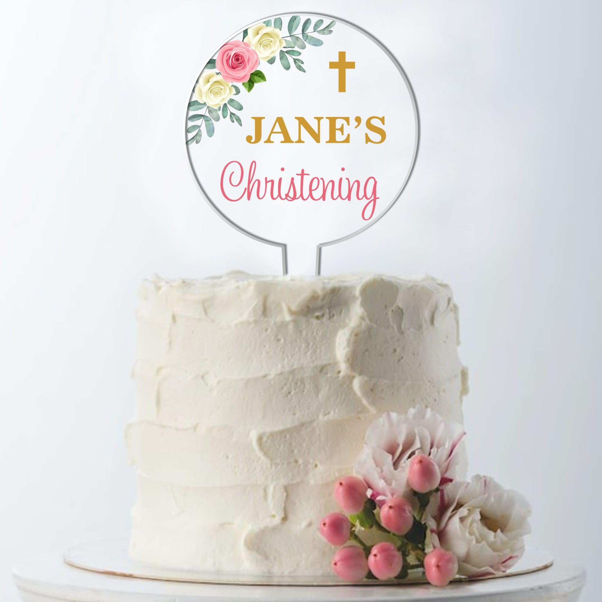 Personalised Religious Cake Topper – Custom Name & Occasion – Christening, Communion or Confirmation – Acrylic Floral Design with Cross – Reusable Printed Cake Decoration (Christening, Pink & Cream)