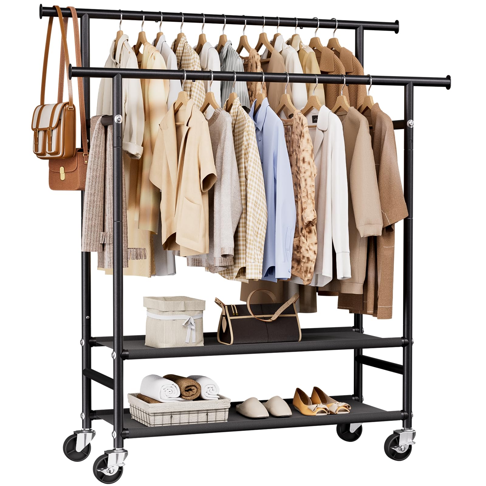 hyseyy clothes rack,double rods rolling clothing rack for hanging clothes,portable garment rack with 2-tier storage shelves,free standing wardrobe closet coat rack on wheels for bedroom,laundry room