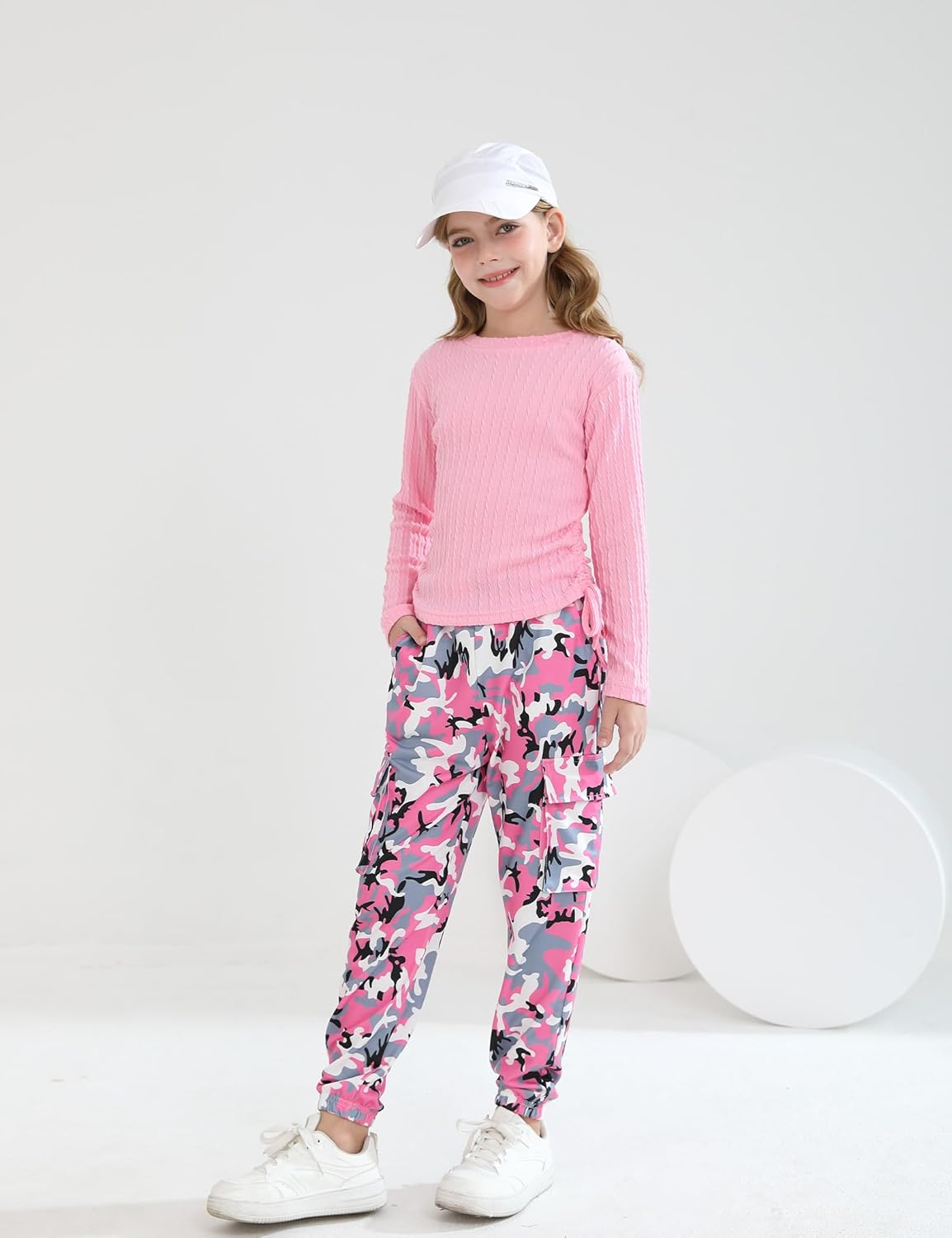 mksodop Girls Clothes Ruched Drawstring Short Sleeve Knit Top and Camo Print Pants 2 Piece Girls Outfits - Image 3